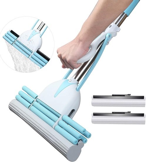 Wet and dry magic sponge mop with wringing function and adjustable handle